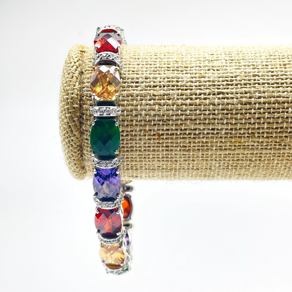 Vintage Multicolor Glass Bead Link Bracelet Silver Tone Rainbow Statement